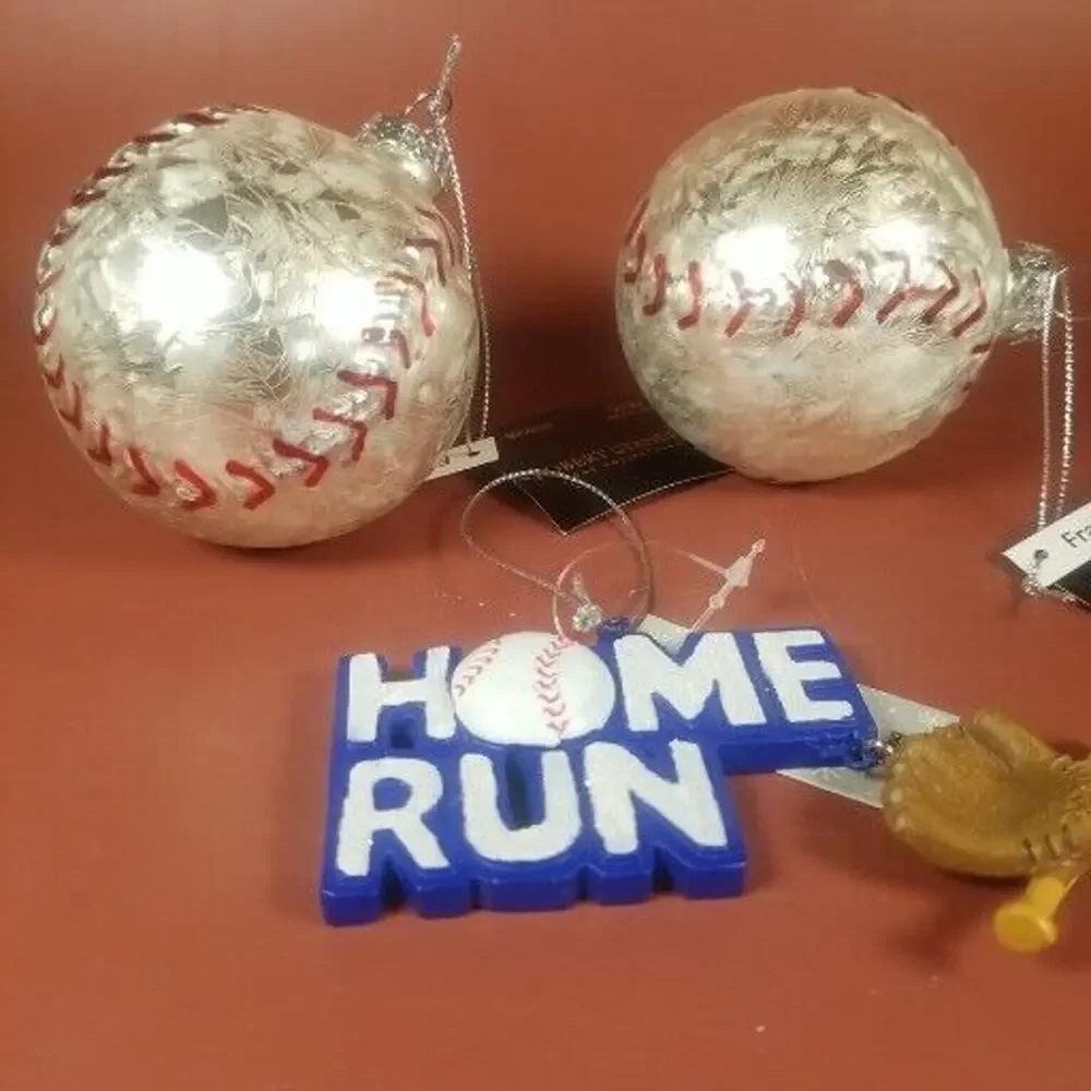 Glass Ornament Baseballs, Home Run Bat Glove Christmas Lot Of 3 Robert Stanley